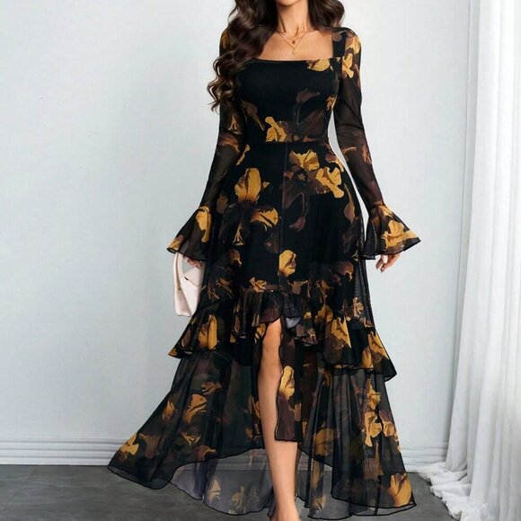 Multicolor Elegant Women's Sexy Romantic Ruffled Long Sleeve Dress - Picture 3 of 6